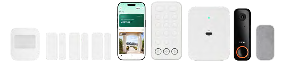 Vivint motion sensor, door and window sensors, app, keypad, doorbell camera